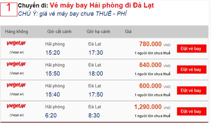 BẢNG GIÁ VÉ MÁY BAY CẬP NHẬT TỪ ĐÀ LẠT ĐI HẢI PHÒNG